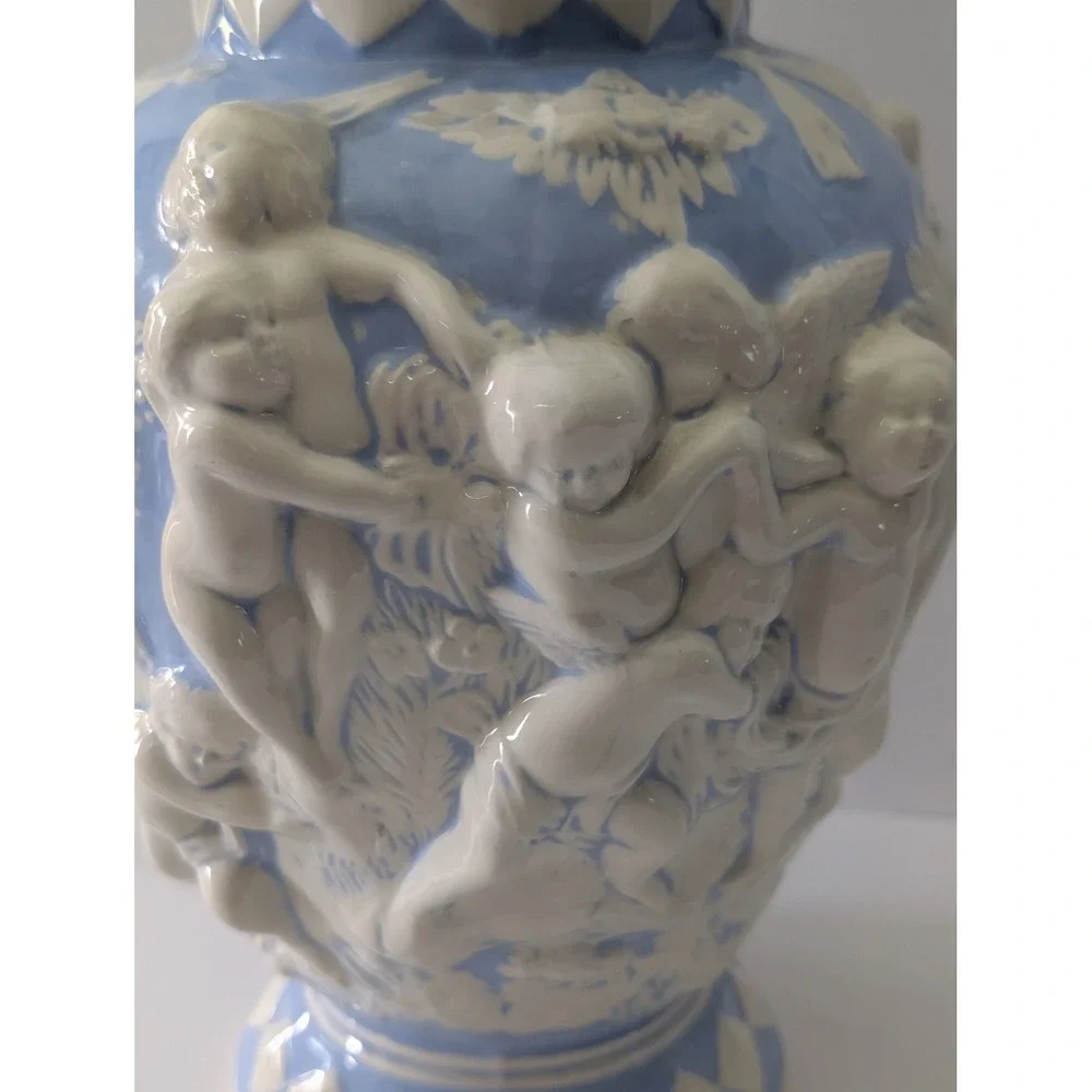 Blue and White Ceramic Cherub Ginger Jar Ornate Relief Urn w Lid 15i